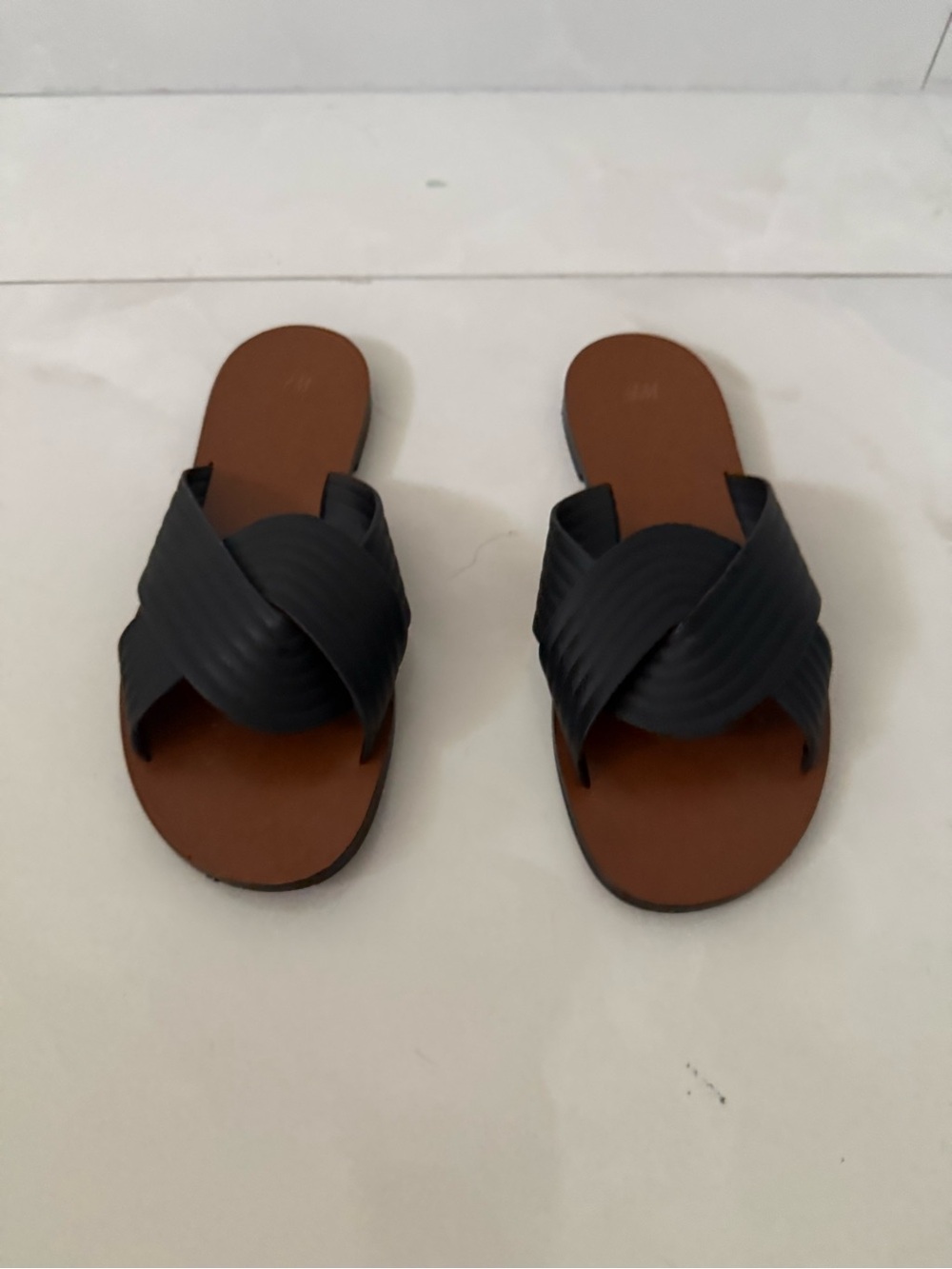 H&M Black Crisscross Slide Sandals with Brown Footbed